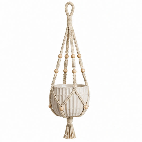 Pot de fleurs suspendu 16 cm en céramique beige avec corde en coton style macramé