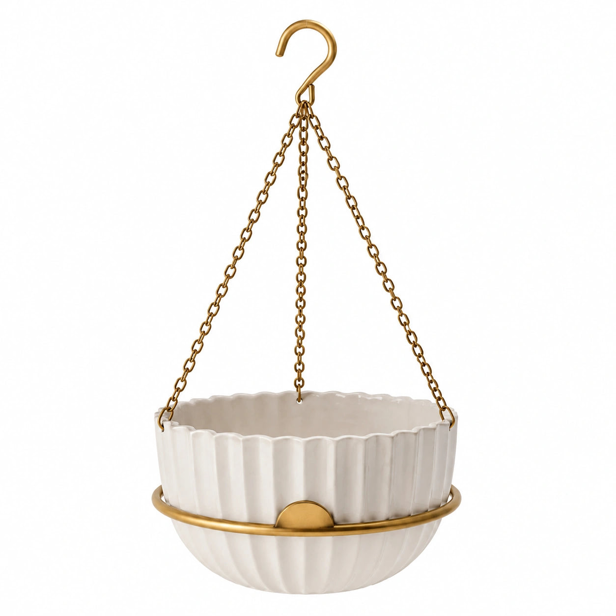 Pot de fleurs suspendu Ø 20 cm en céramique blanc avec chaînes en métal doré pour intérieur