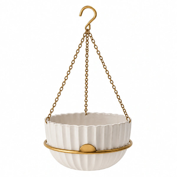 Pot de fleurs suspendu Ø 20 cm en céramique blanc avec chaînes en métal doré pour intérieur