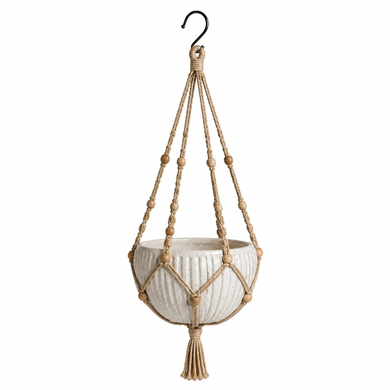 Pot de fleurs suspendu diamètre 18 cm en céramique blanc cassé avec suspension macramé