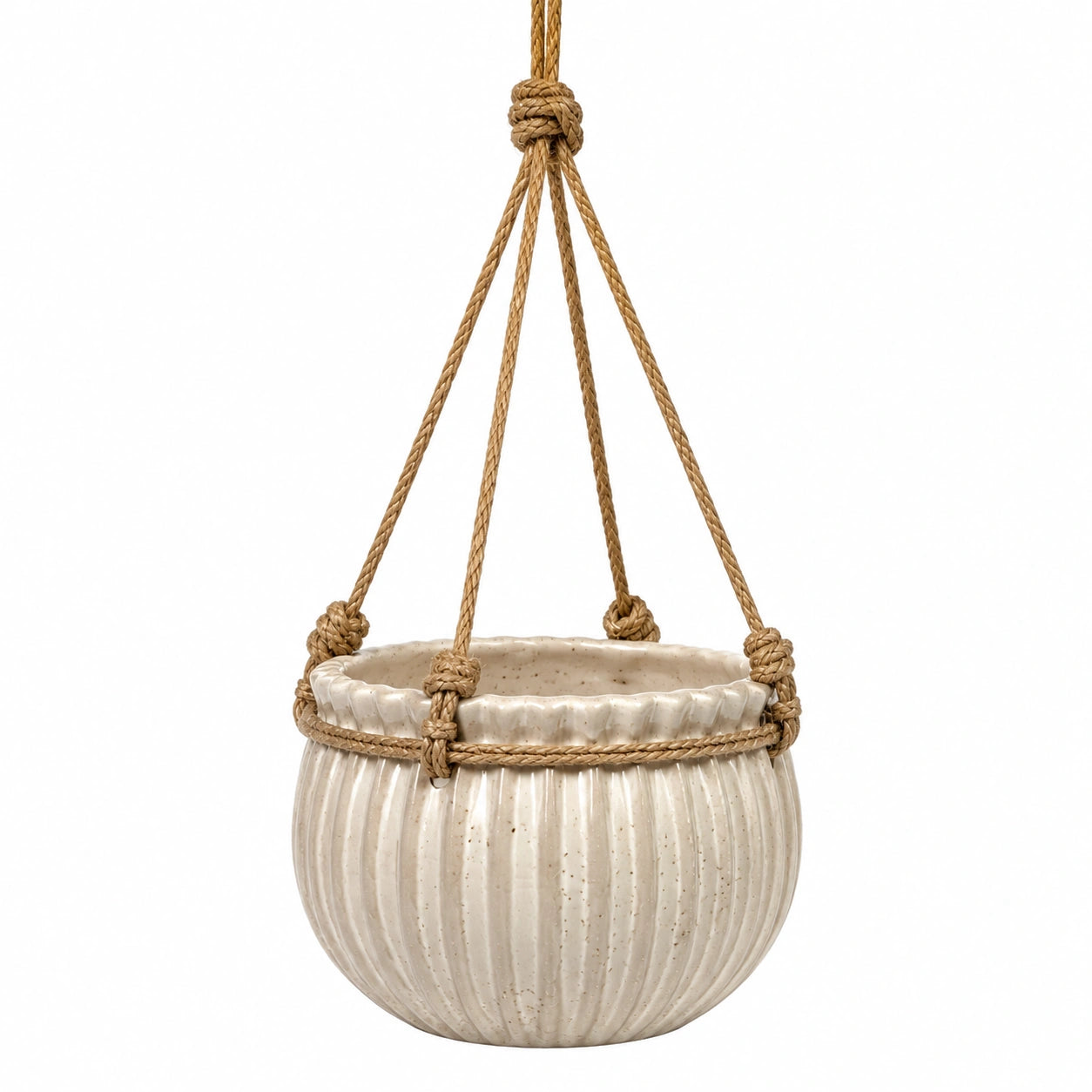 Pot de fleurs suspendu diamètre 18 cm en céramique beige avec corde tressée