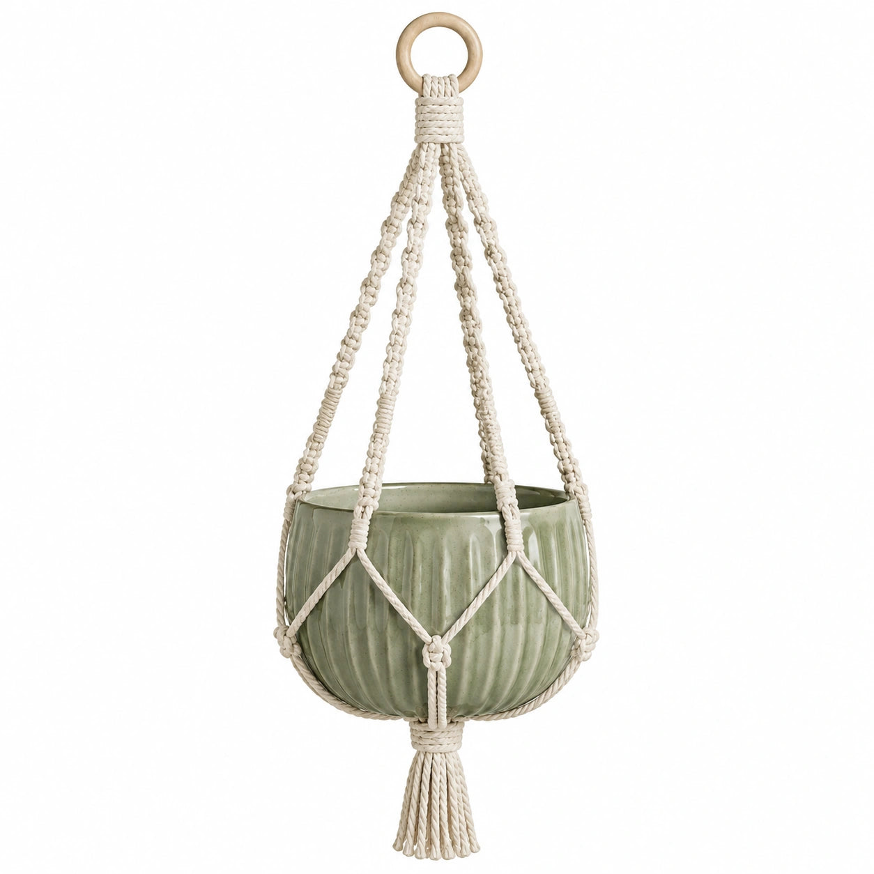 Pot de fleurs suspendu diamètre 16 cm en céramique verte avec suspension en corde style bohème