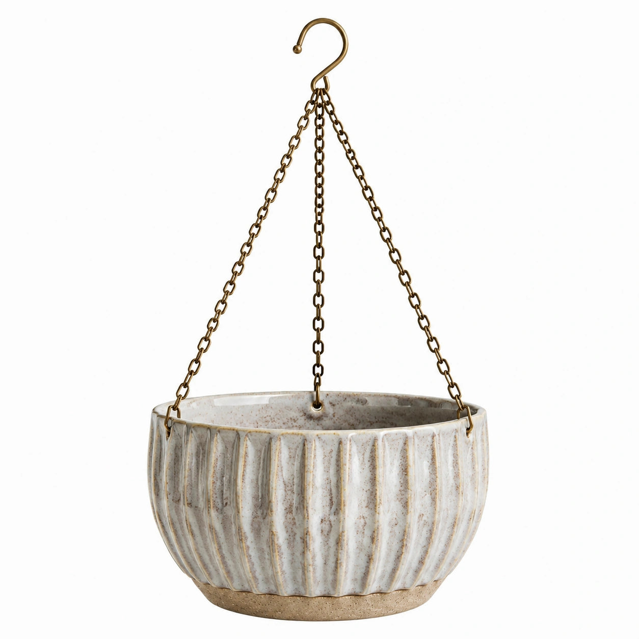 Pot de fleurs suspendu Ø20 cm en céramique blanc cassé avec chaînes métalliques décor strié