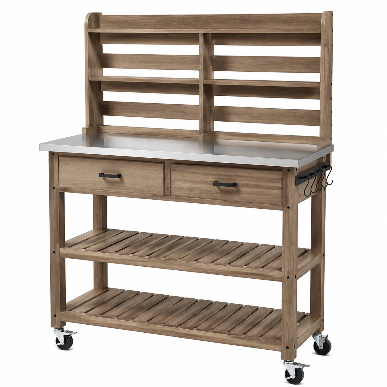 Table de jardinage 117 x 52 x 155 cm en bois marron avec plan de travail métallique et roulettes