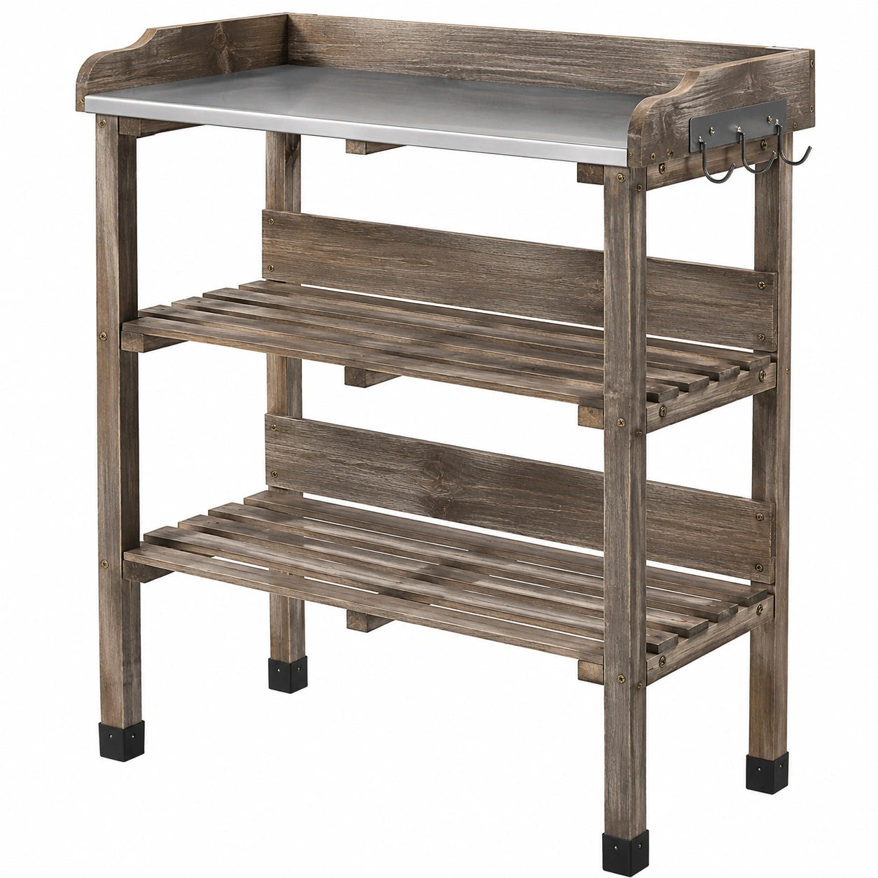 Table de travail de jardin 100 x 50 x 120 cm en bois brun avec plateau en acier et étagères de rangement