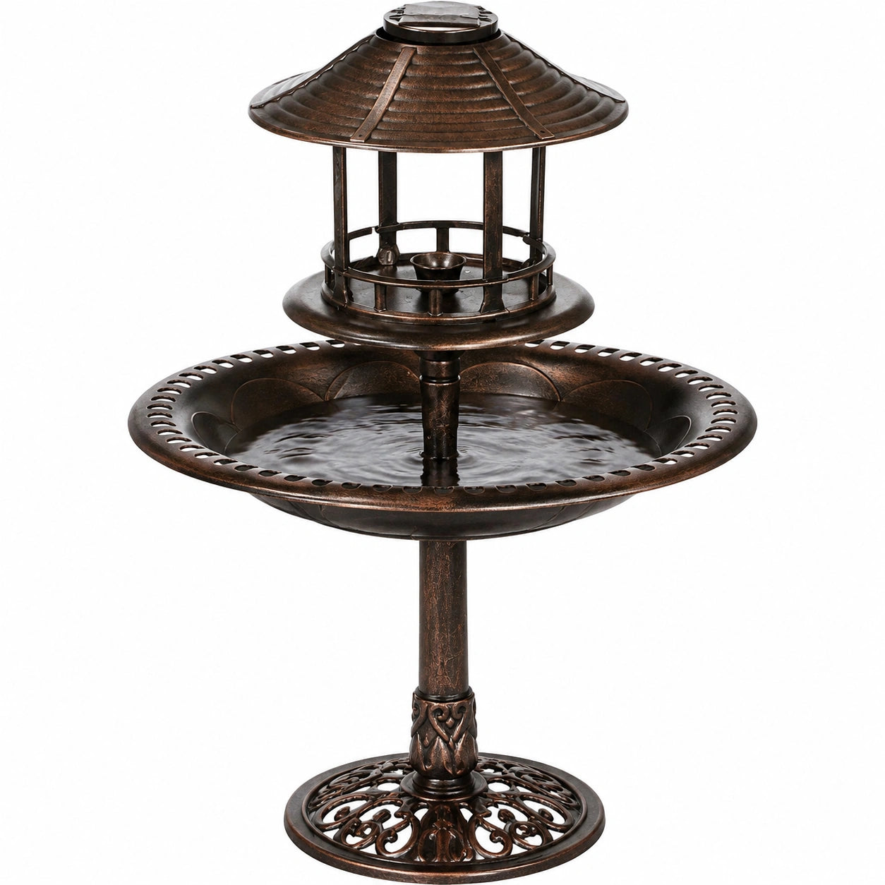 Bain d'oiseaux sur pied diamètre 75 cm hauteur 130 cm en métal brun avec mangeoire couverte style classique