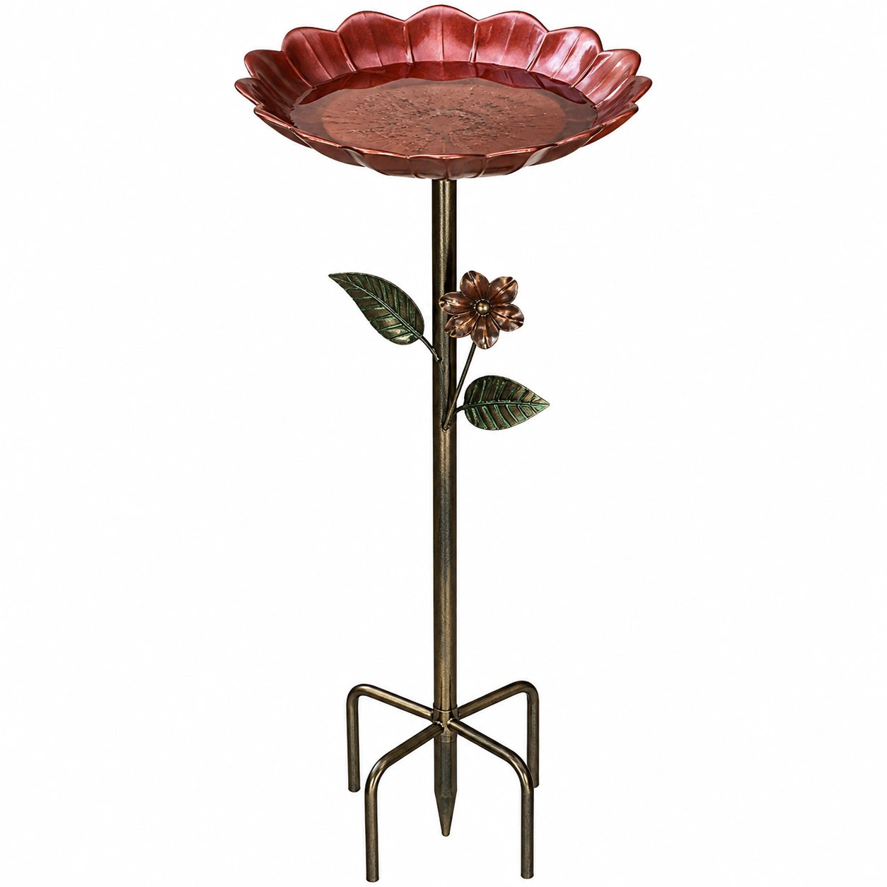 Bain d'oiseaux de jardin Ø 42 cm en métal rouge sur pied décor floral