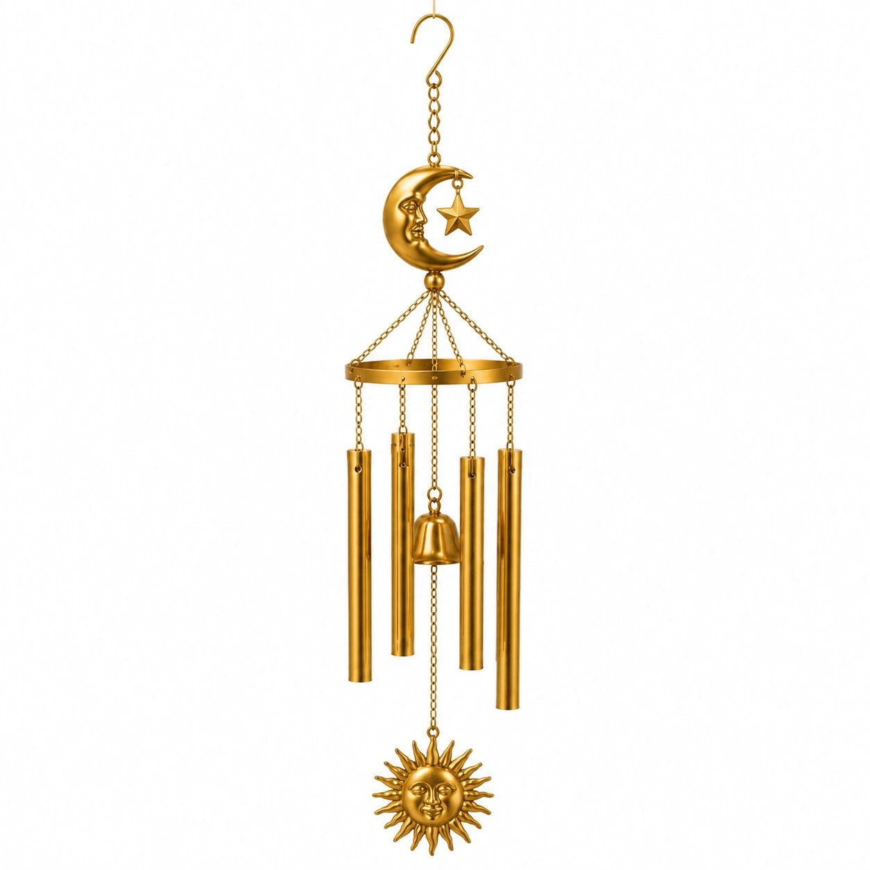 Carillon éolien 90 cm en métal doré lune soleil et étoiles décoratif