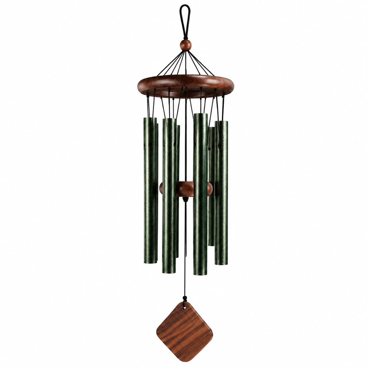 Carillon à vent 85 cm en métal et bois vert foncé marron style naturel suspendu