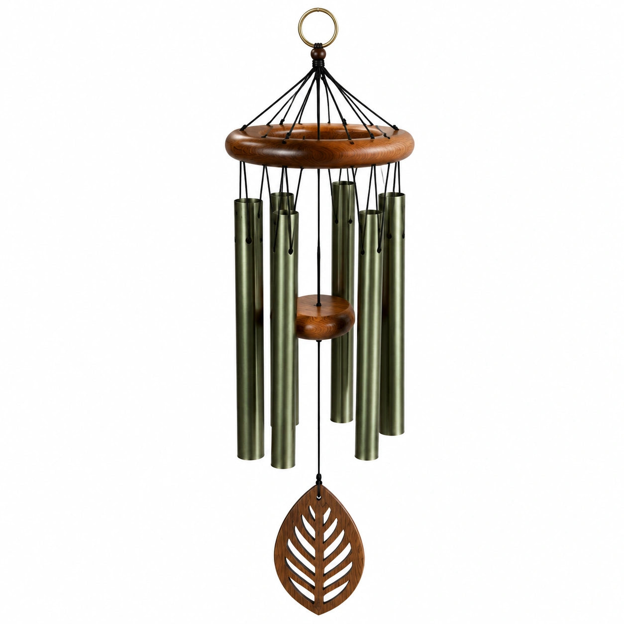 Carillon éolien 90 cm en métal et bois marron vert pour jardin style naturel
