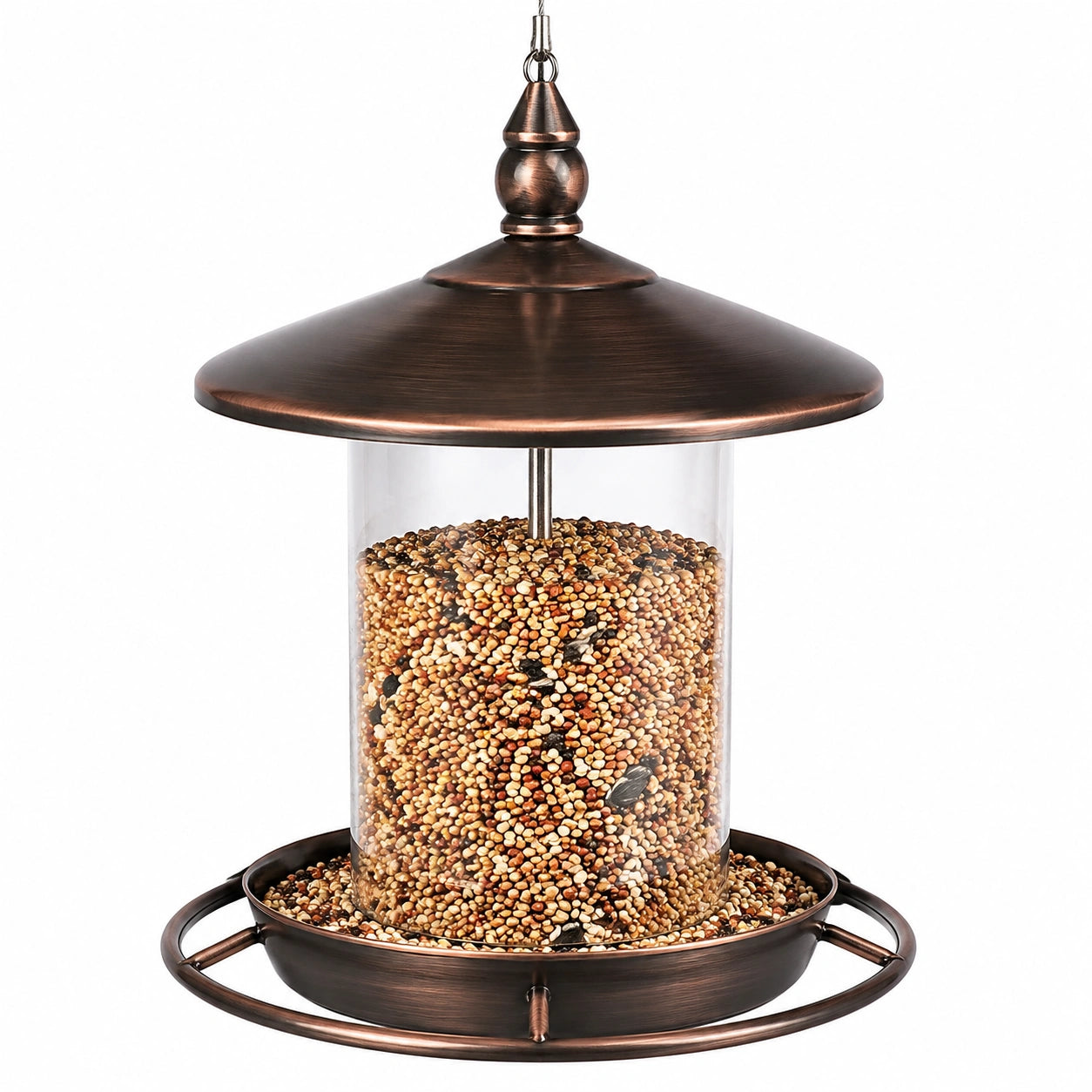 Mangeoire à oiseaux suspendue diamètre 25 cm en métal brun avec réservoir transparent pour jardin