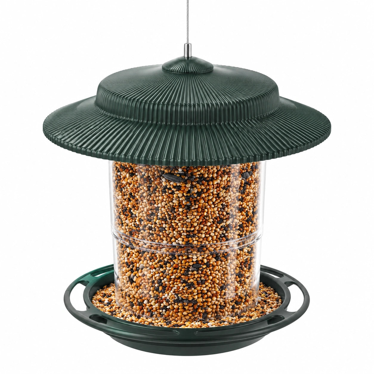 Mangeoire à oiseaux suspendue 34 cm en plastique vert avec réservoir transparent
